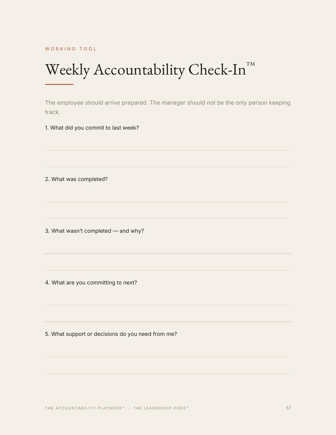 Page from The Accountability Playbook: Weekly Accountability Check-In™