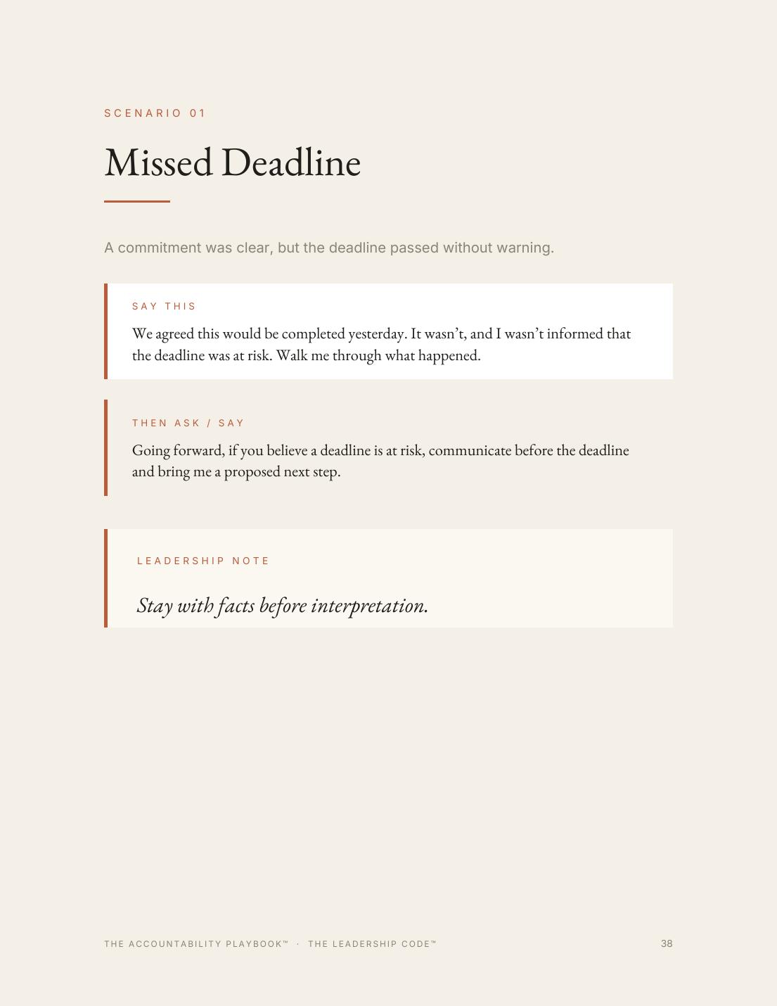 Page from The Accountability Playbook: Scenario 01 · Missed Deadline